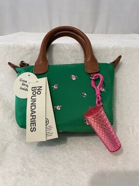 No Boundaries Green Mini Satchel with Brown Handles and Pink Water Bottle Charm